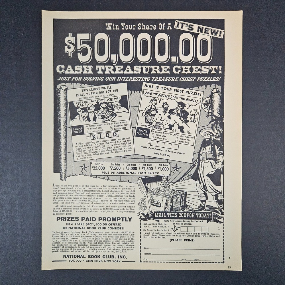 1961 National Book Club Cash Treasure Chest‎ Expired Contest Vintage Print Ad